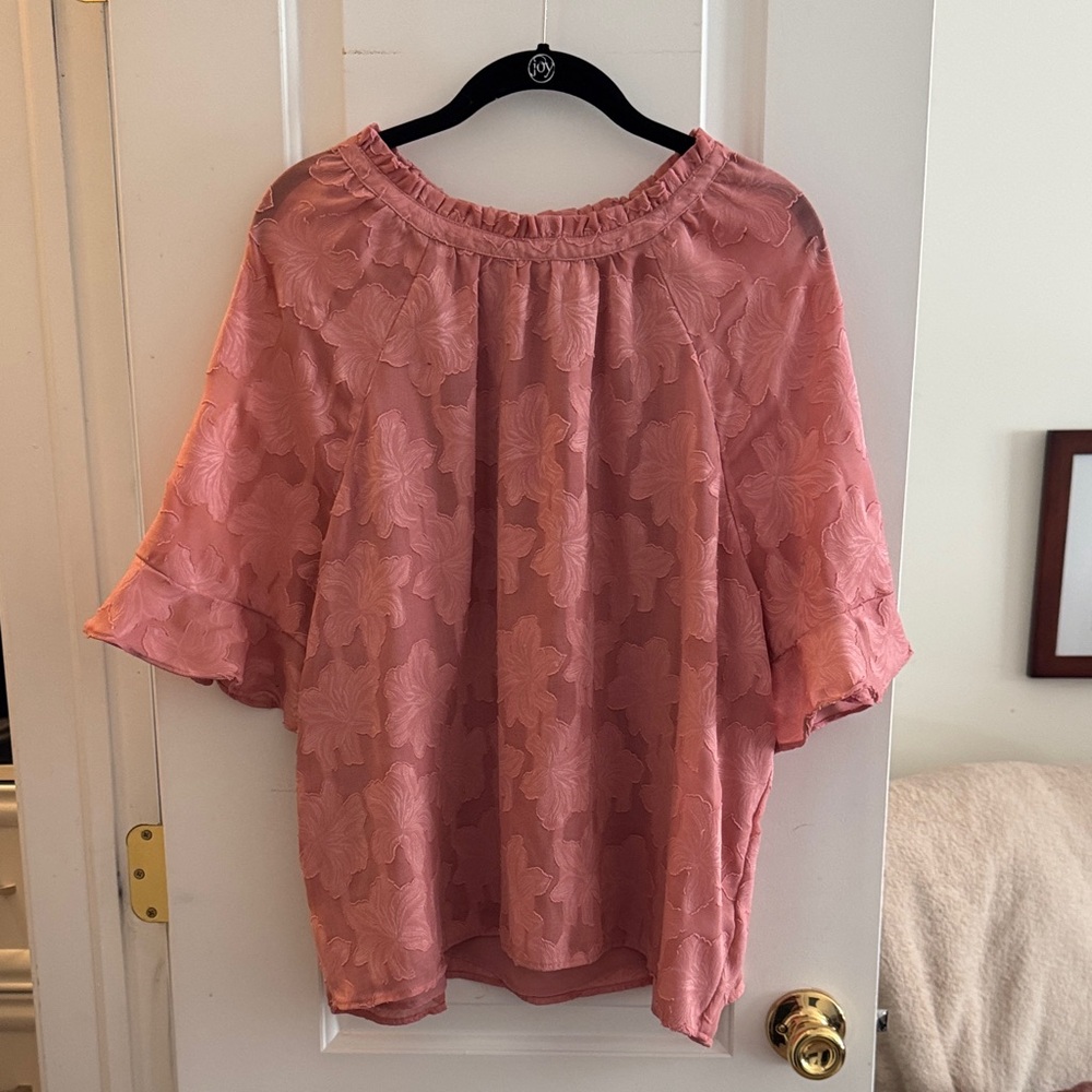 LOFT Rose Pink Floral Jacquard Ruffle Neck Blouse